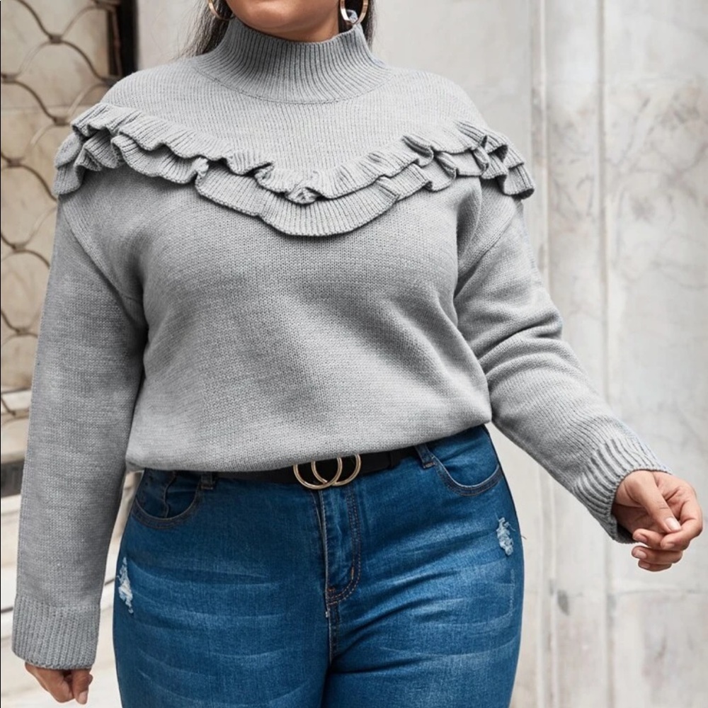 Plus Ruffle Yoke Mock Neck Sweater